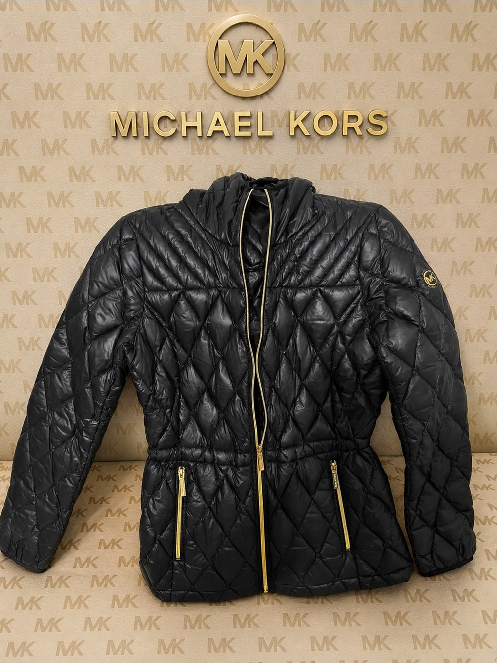 Michael Kors Black Quilted Packable Puffer with Gold Accents